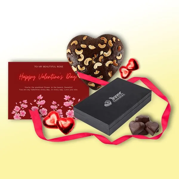 Heart Shaped Alcoholic Cake with Box of Heart Shaped Alcoholic Chocolates and Greeting Card Combo