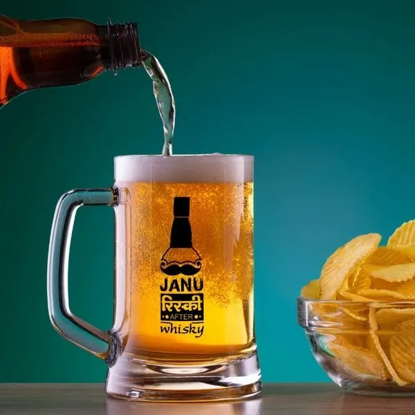 Janu Risky After Whisky Quote Beer Bottle Illustration Clear Glass Beer Mug