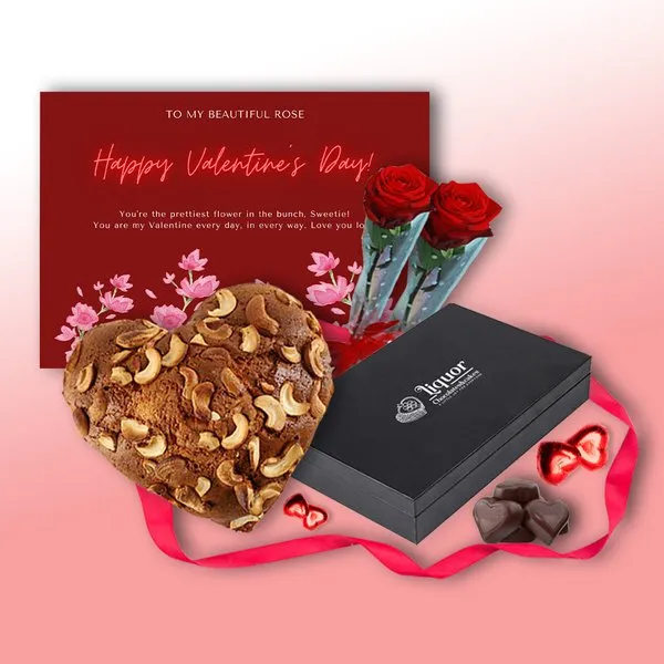 Heart Shaped Alcoholic Cake and Box of Heart Shaped Alcoholic Chocolates With Pack of 2 Red Roses and Greeting Card Combo