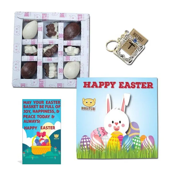 Chocolate Easter Eggs- 4 pcs and Chocolate Bunnies Gift Set - 10pcs + Holy Bible Key Chain and Free Happy Easter Card