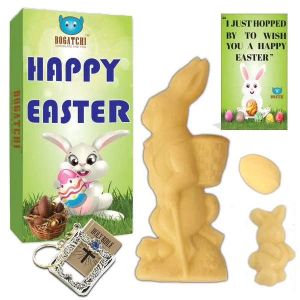 Easter Special White Chocolate Bunny, Baby Bunny and Almond Easter Egg + Free Happy Easter Card + Holy Bible Key Chain