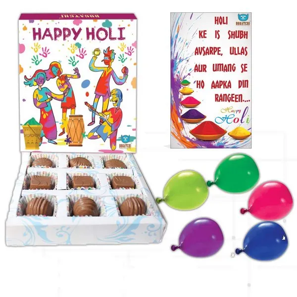 Happy Holi Chocolate Gift Box for Friends and Family with 9 Pieces Chocolates, Greeting Card and Holi Gifts