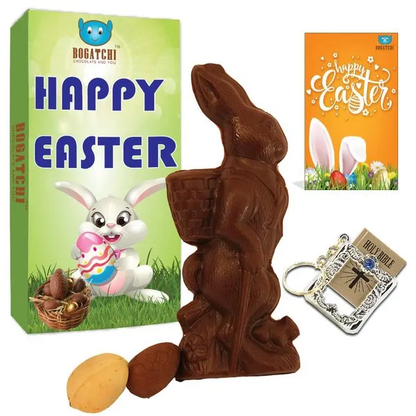 Easter Special Dark Chocolate Bunny, 2 Almond Easter Egg + Free Happy Easter Card + Holy Bible Key Chain
