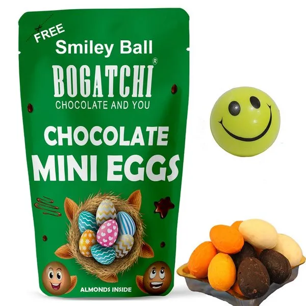 Chocolate Mini Eggs 200 g, Chocolate Covered Almond Eggs, Easter Eggs with Smiley Ball