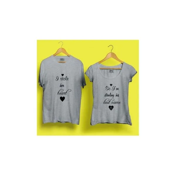 Stole My Heart Round Neck Half Sleeves Couple T-Shirt (Grey)
