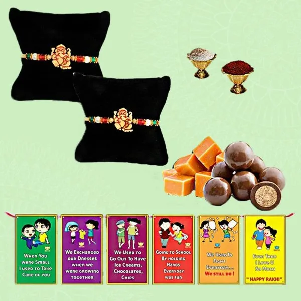 Rakhi Chocolates Free with Set of 2 Wooden Color Ganesh Rakhi, Free Roli Chawal and Rakhi Cards for Brother