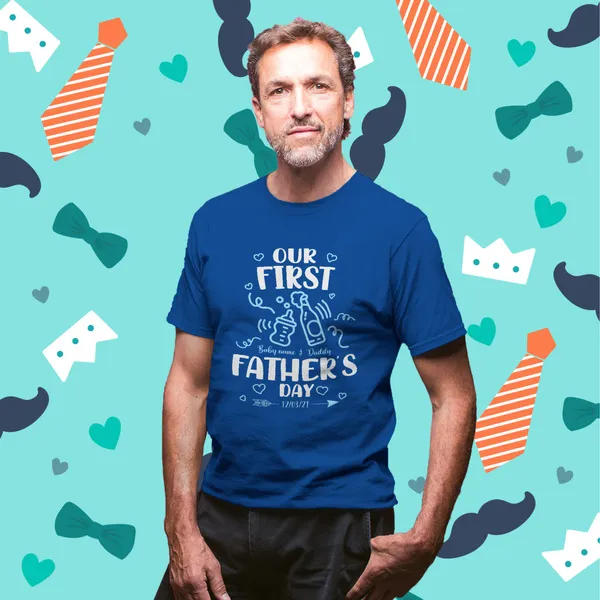 Our First Father's Day Date, Daddy And Baby Name Personalised Matching Romper & T-shirt Outfit | Gift for Father | Cotton | Crew Round Neck 