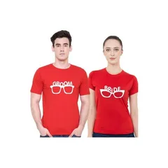 Cotton Half Sleeve Round Neck Couple Wedding T-Shirt (Red)