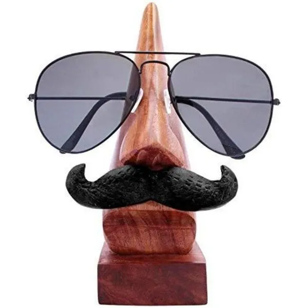 Handmade Wooden Nose Shaped Sunglasses Holder Stand With Black Mustache