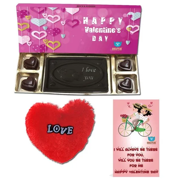 Chocolates Gift Pack for Girlfriend, I Love You Bar with 4 Chocolate Hearts, V-Day Card & Fur Heart For Valentine