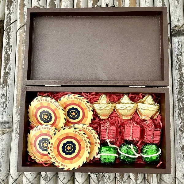 Diwali Themed Chocolates in a Wooden Box Lakshmiji Design