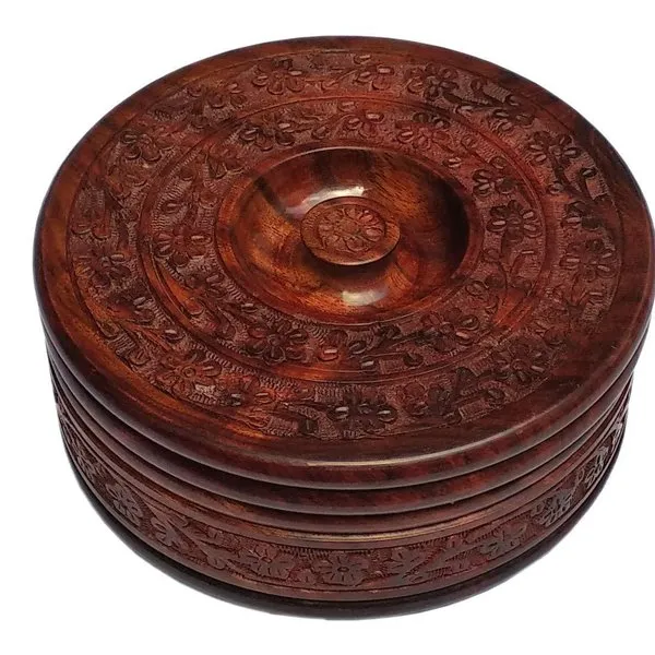 Handicraft Wooden Bread Chapati Casserole With Engraved Design Finish