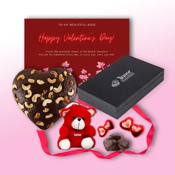 Heart Shaped Alcoholic Cake and Box of Heart Shaped Alcoholic Chocolates With Small Teddy Bear and Greeting Card Combo