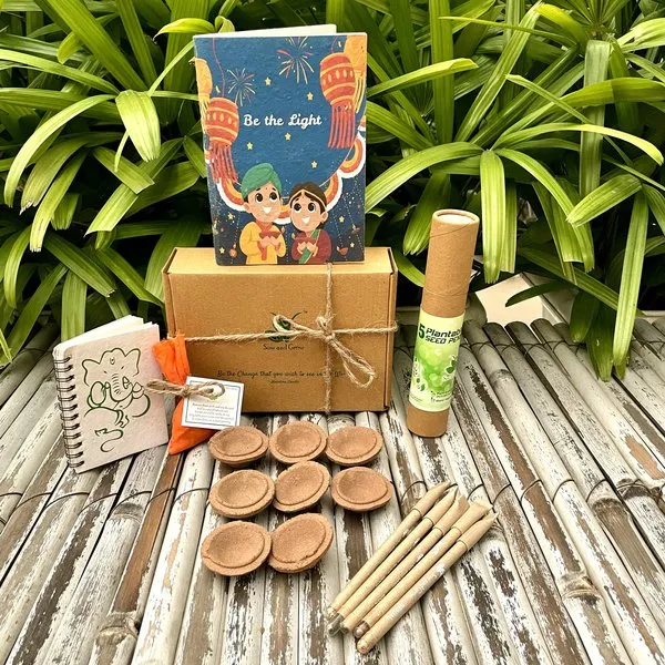 Diwali Brown Box Hamper Plantable Diwali Themed Diary + Plantable Mini Notepad + Organic Cow Dung Diya Set of 8 + 1 Seed Ball + 5 Plantable Pens