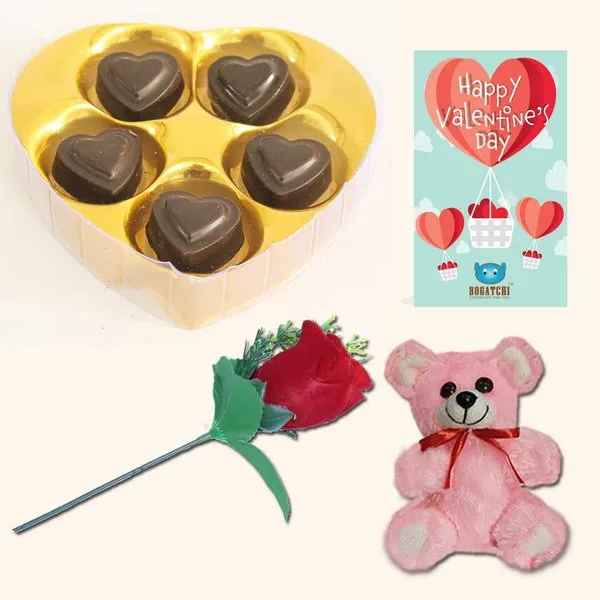 Heart Chocolate Box with V-Day Card, Rose & Teddy For Valentine'sDay
