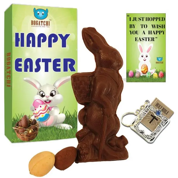 Easter Special Dark Chocolate Bunny, 2 Almond Easter Eggs + Holy Bible Key Chain + Free Happy Easter Card