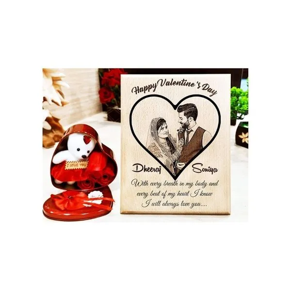 Combo of Engraved Photo Frame and Heart Shape Box with Red Rose Flowers and Teddy