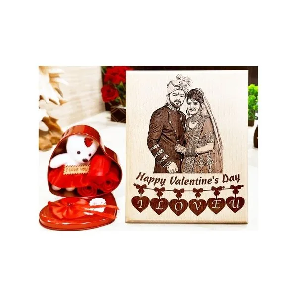 Combo of Customized Wood Frame and Heart Shape Box with Red Rose Flowers and Teddy - Valentine’s Day Gifts