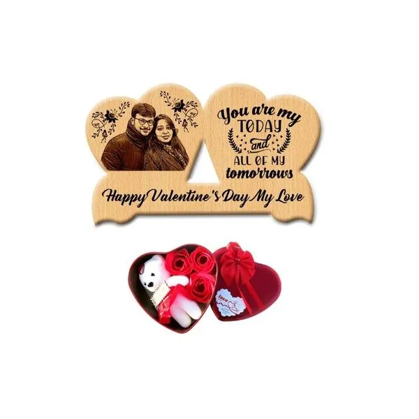 Valentine’s Day Best Friend Love Gifts- Gift Combo of Personalized Photo Frame and Heart Shape Box with Red Rose Flowers and Teddy