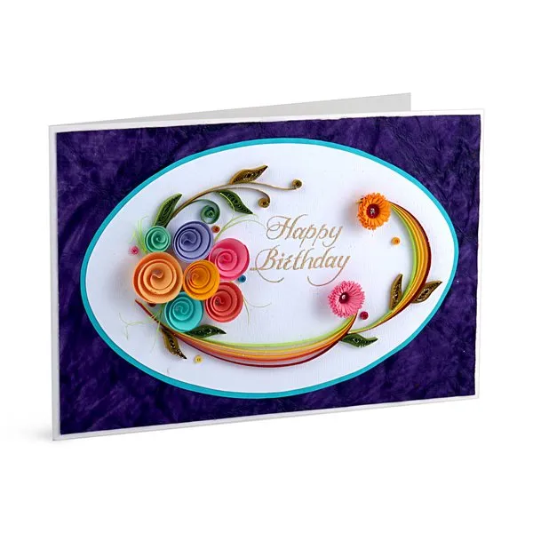 Handmade Happy Birthday Greeting Card- Quilling Flowers Theme
