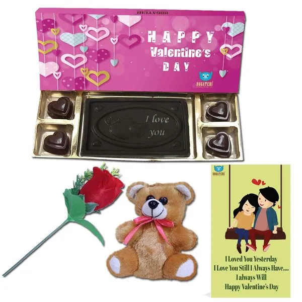 Chocolates Gift for Girlfriend, I Love You Bar with 4 Chocolate Hearts,  V-Day Card, Rose & Teddy For Valentine