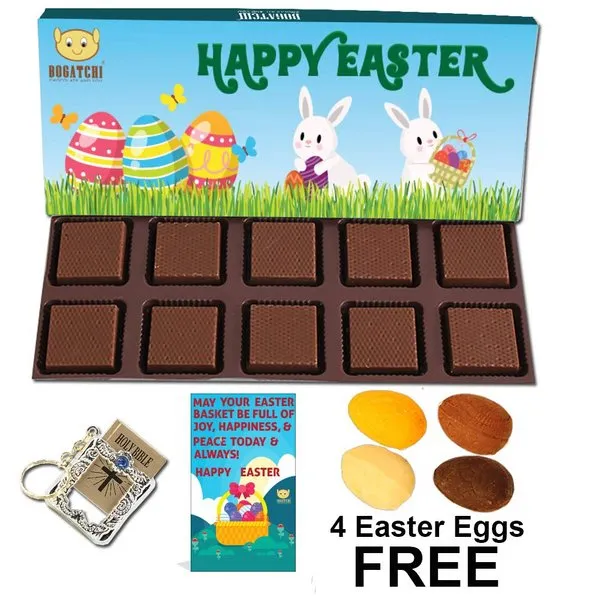 Easter Chocolates Gift Box 10pcs, 4 Easter Eggs, Holy Bible Key Chain and Free Happy Easter Card