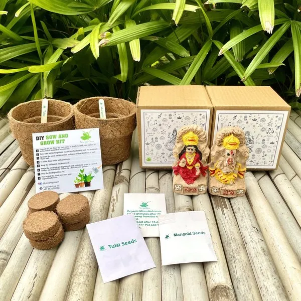 Plantable Seed Ganesha and Lakshmiji with Marigold and Tulsi Seeds: DIY Grow Kit