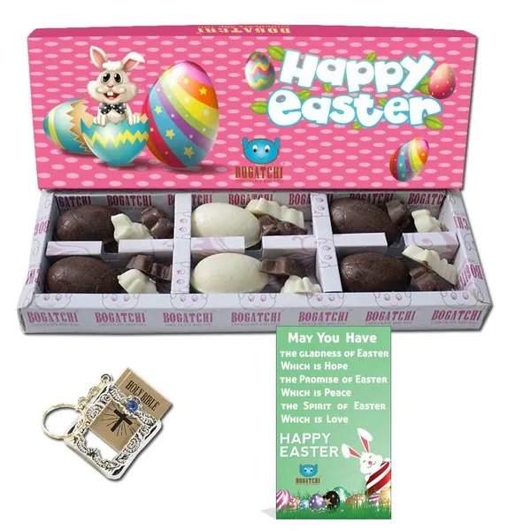 Chocolate Easter Eggs 6 pcs and Chocolate Bunnies Gift Set, 12pcs, Holy Bible Key Chain and Happy Easter Card