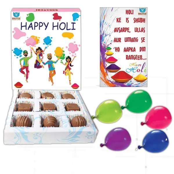 Happy Holi Chocolate Gift Box with 9 pcs Chocolates, Greeting Card and Holi Gifts