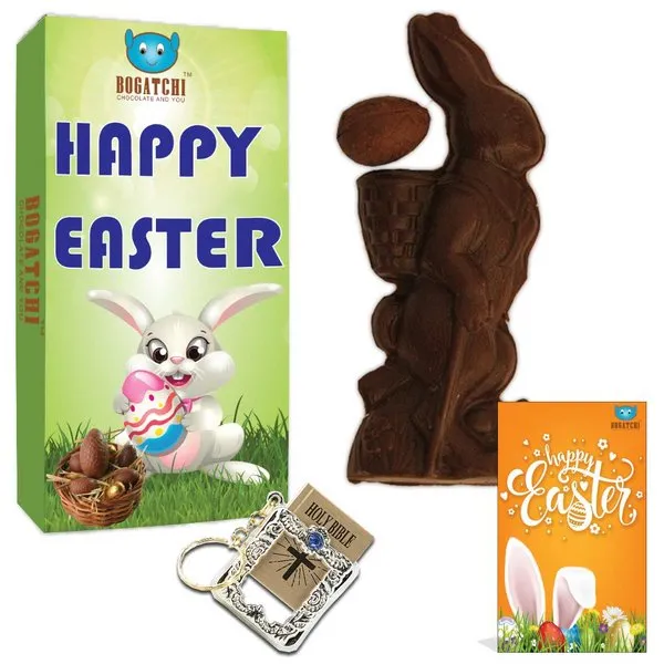 Easter Special Dark Chocolate Bunny - 1 Almond Easter Eggs + Holy Bible Key Chain + Free Happy Easter Card
