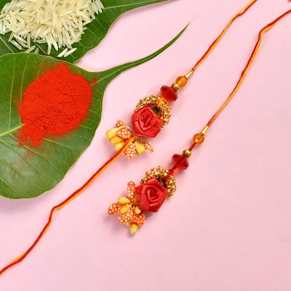 Bhaiya Bhabhi Rakhi Set of Red Rose with Orange Flower and Golden Ring