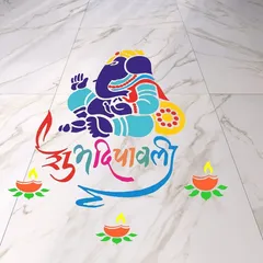 Ganesha with Subh Deepawali Rangoli Stencils for Floor with Six Rangoli Colours