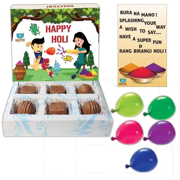 Happy Holi Chocolate Gift Box with 6 pcs Chocolates, Greeting Card and Holi Gifts