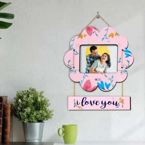 I Love You Printed Pink Flower Shape Photo Frame Valentine Special Gifts For Him