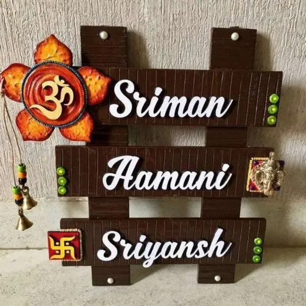 Flower and Om Wooden Name Plate