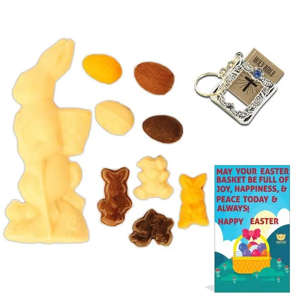 Easter Special White Chocolate Bunny with Family + Holy Bible Key Chain + Free Happy Easter Card