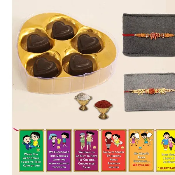 Rakhi Chocolates for Brother, Heart Chocolate Box 5 pcs,2 Rakhi Roli Chawal and Free Rakhi Card