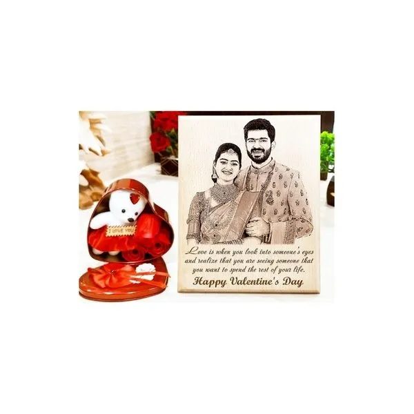 Valentine Unique Gift of Love – Gift Combo of Custom Photo Frame and Heart Shape Box with Red Rose Flowers and Teddy