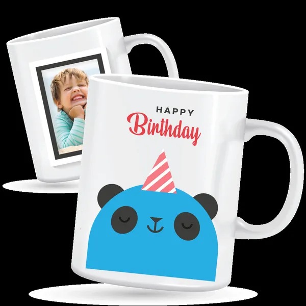 2 photo customisable Panda Birthday mug (Blue)