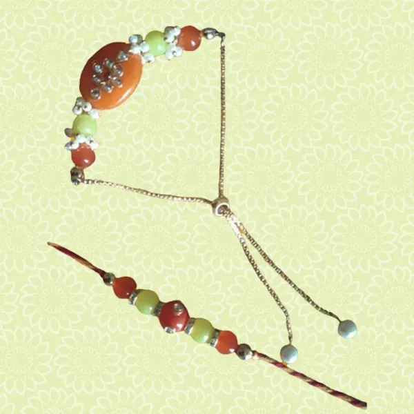 Multi Coloured Pearls Bracelet Bhai Bhabhi Rakhi Set