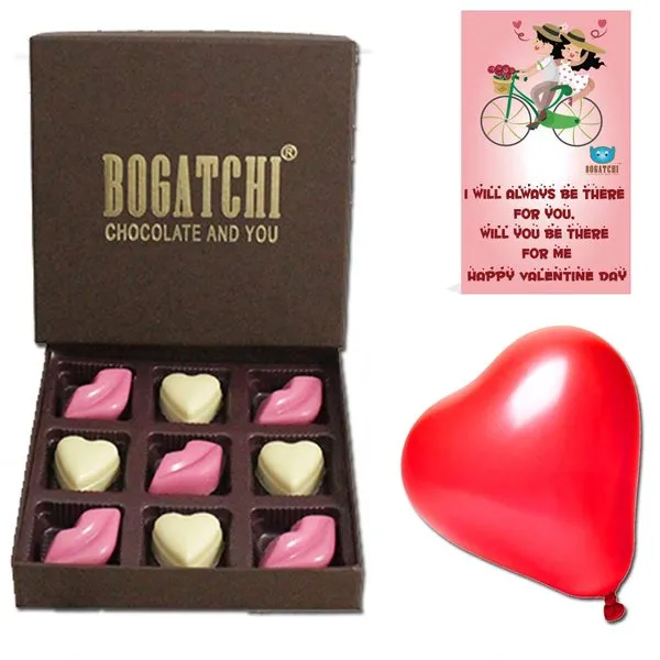 Hearts & Kisses Design Chocolate Box with V-Day Card & Heart Balloon For Valentine