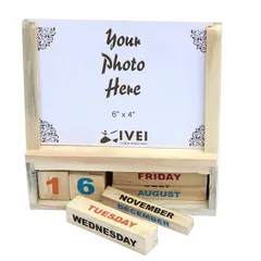 IVEI Wooden Desk Calendar With A Photo Frame- Brown Finish
