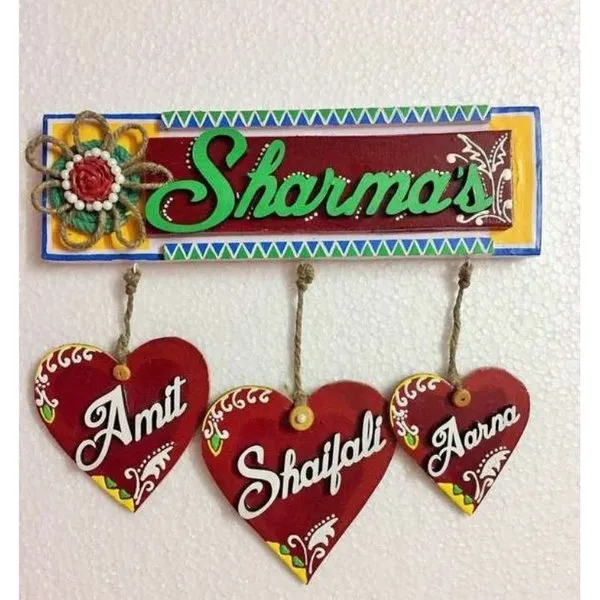 Hanging Hearts Wooden Name Plate