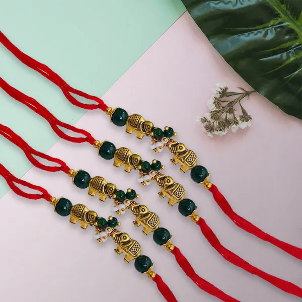 Golden Elephant Green Moti Red Ties Set of 4