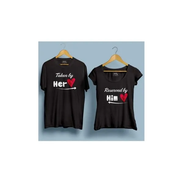 Taken By Round Neck Half Sleeves Couple T-Shirt (Black)
