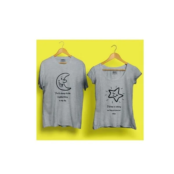 Moon Star Round Neck Half Sleeves Couple T-Shirt (Grey)