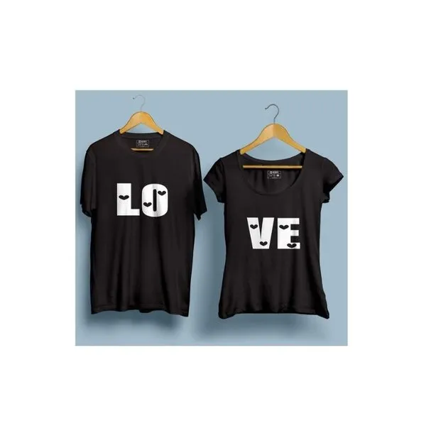 Love Round Neck Half Sleeves Couple T-Shirt (Black)