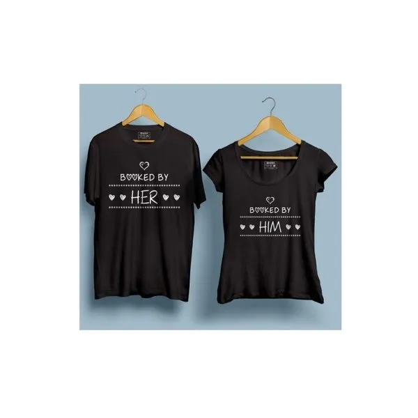 Booked By Her Round Neck Half Sleeves Couple T-Shirt (Black)