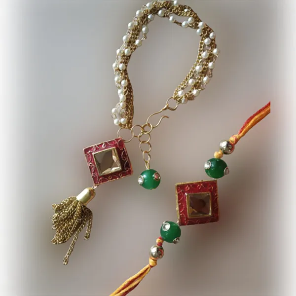 Designer Multi Coloured Pearls Bracelet Bhai Bhabhi Rakhi Set