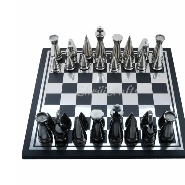 Wooden and metal chess board game black and silver finish